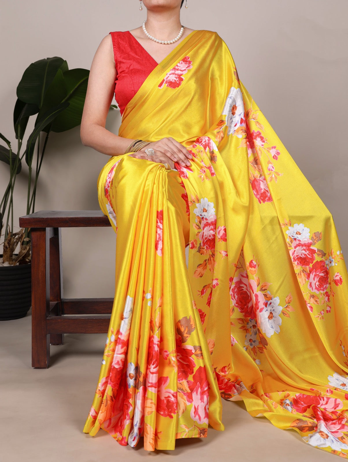 Floral satin silk saree