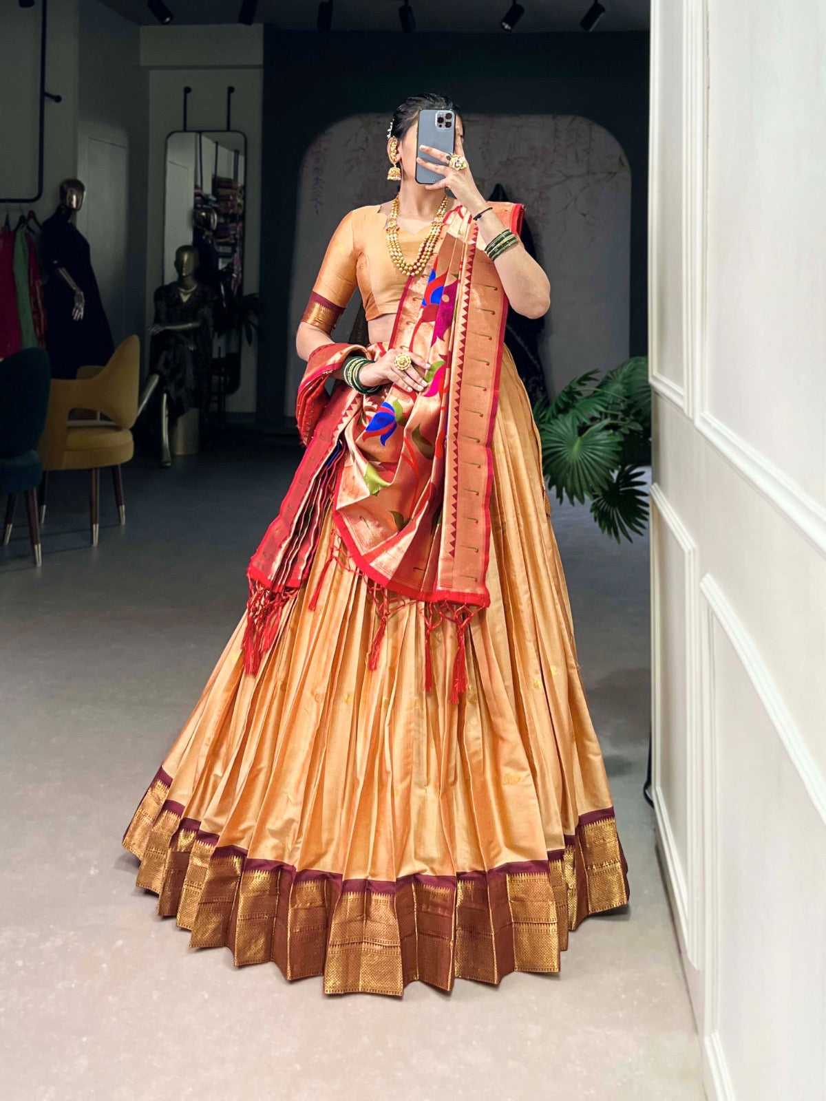 Traditional Paithani silk Lehenga set - stitched lehenga set with unstitched blouse piece
