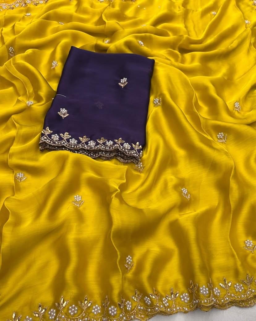 Satin pearl border party wear saree