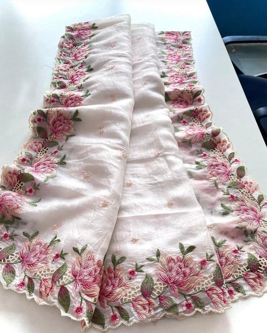 Crush fabric thread embroidery party wear saree