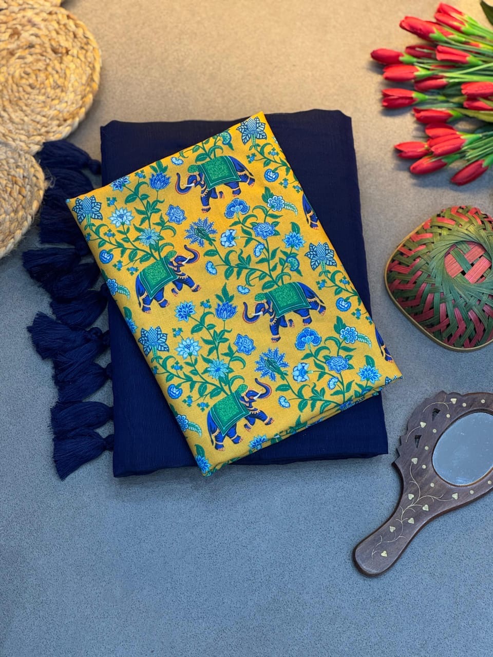 Semi cotton saree with contrast blouse