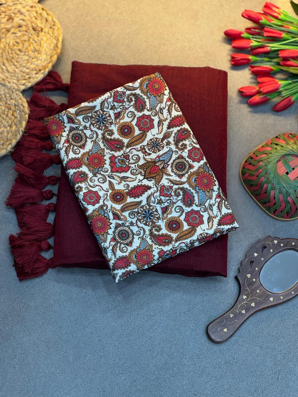 Semi cotton saree with contrast blouse