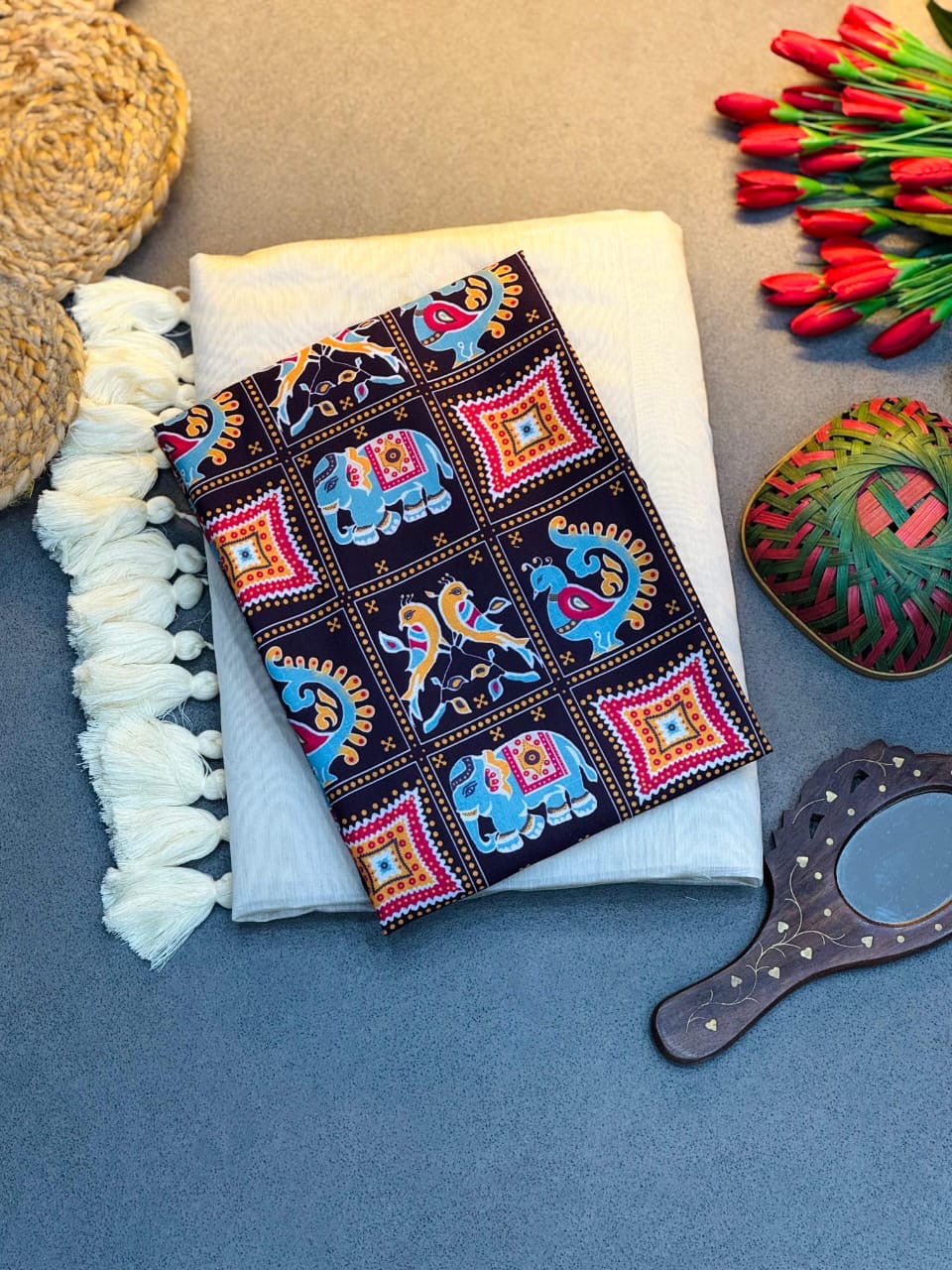 Semi cotton saree with contrast blouse