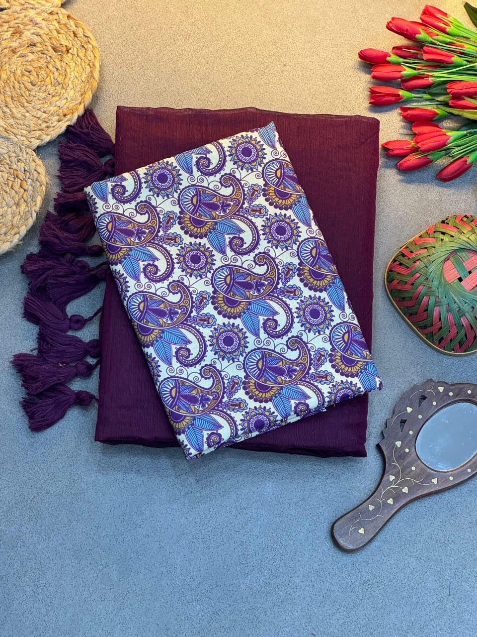 Semi cotton saree with contrast blouse