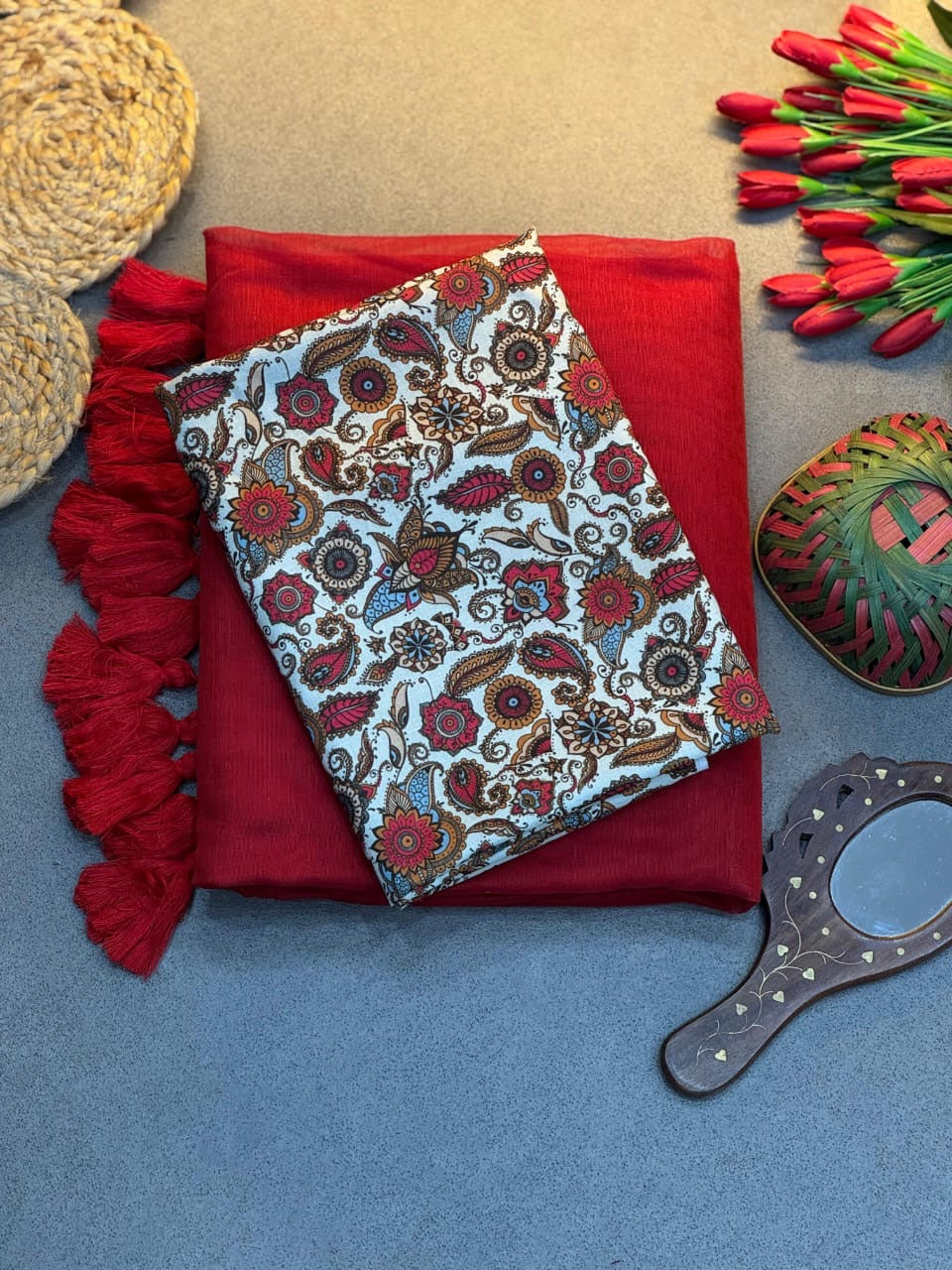 Semi cotton saree with contrast blouse