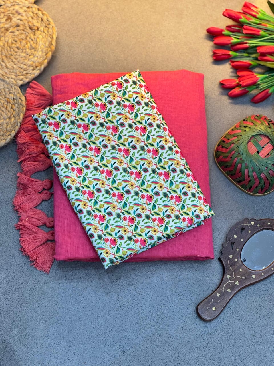 Semi cotton saree with contrast blouse