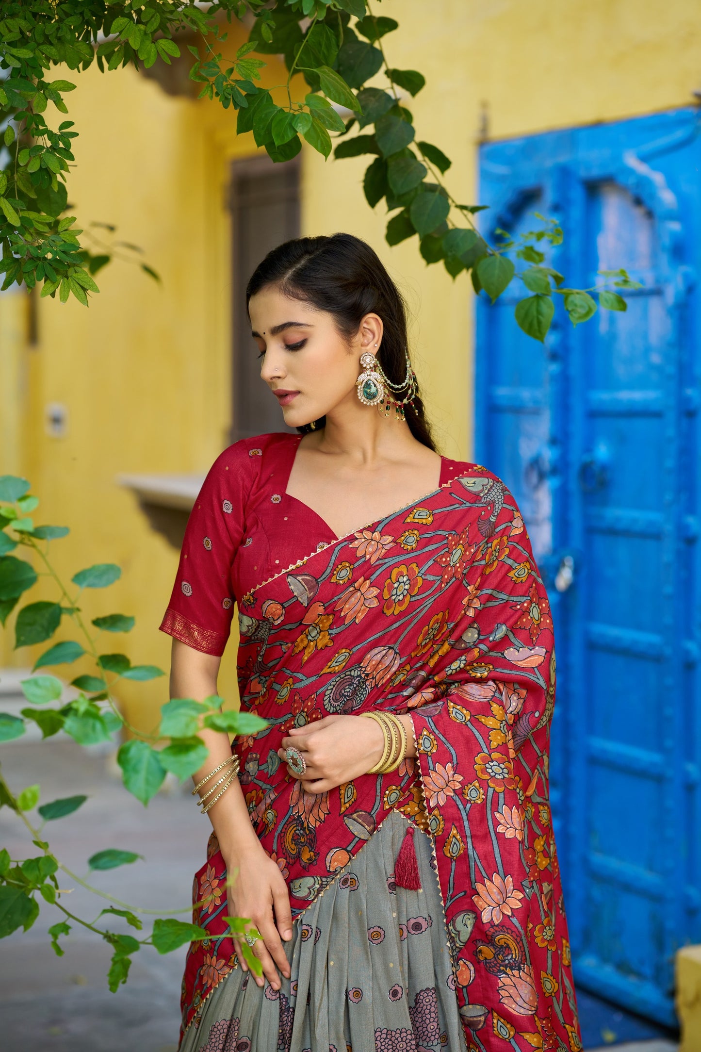 Tussar kalamkari half saree